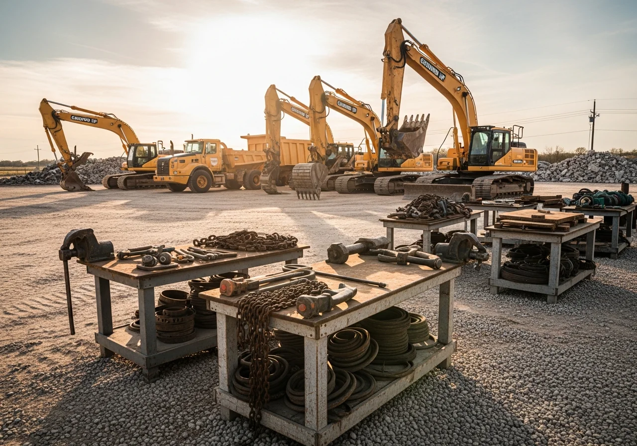 Construction equipment and crew tools ready for demolition and land clearing work on an industrial site.
