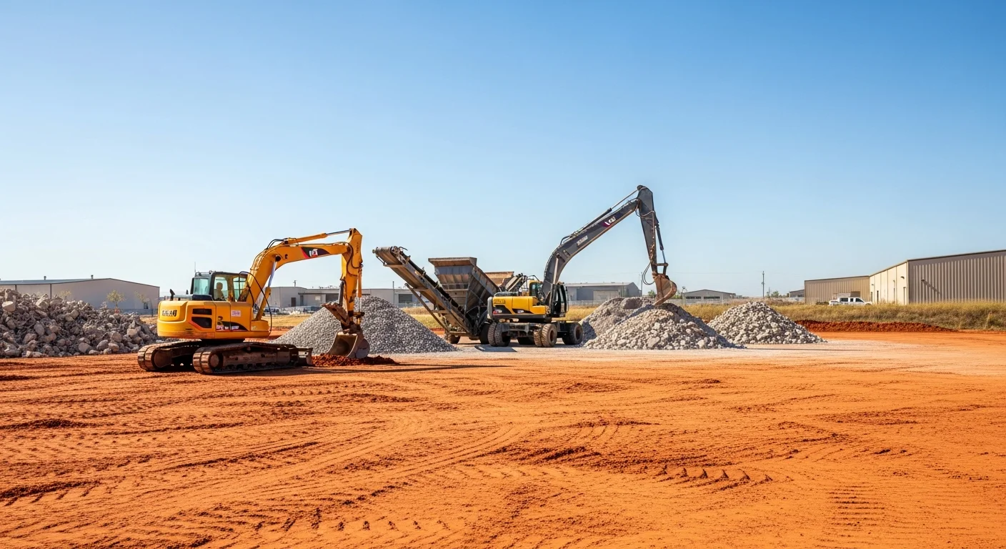 Heavy construction equipment staged at commercial development site