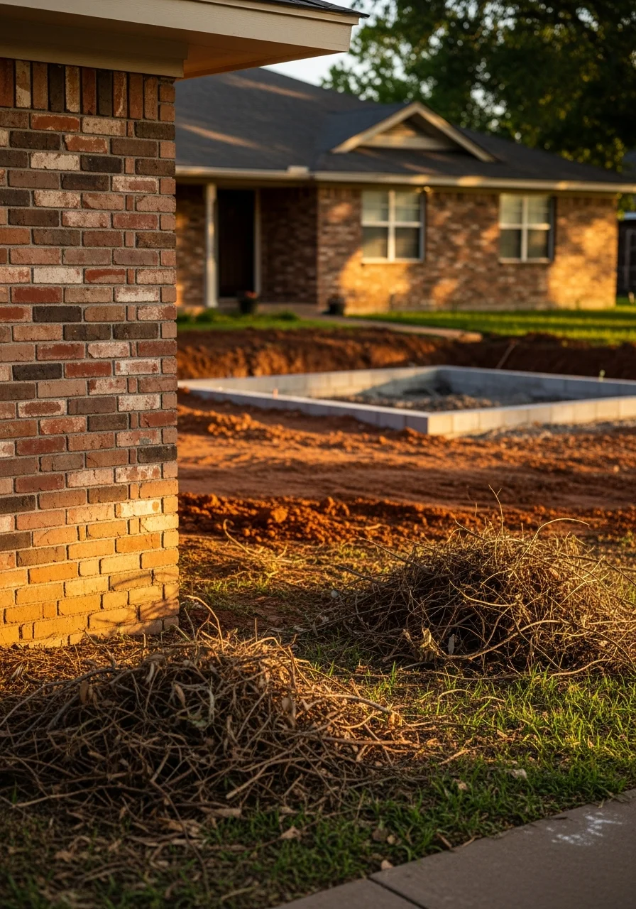 Close-up of an East Texas home exterior with traditional architectural style and local landscaping.
