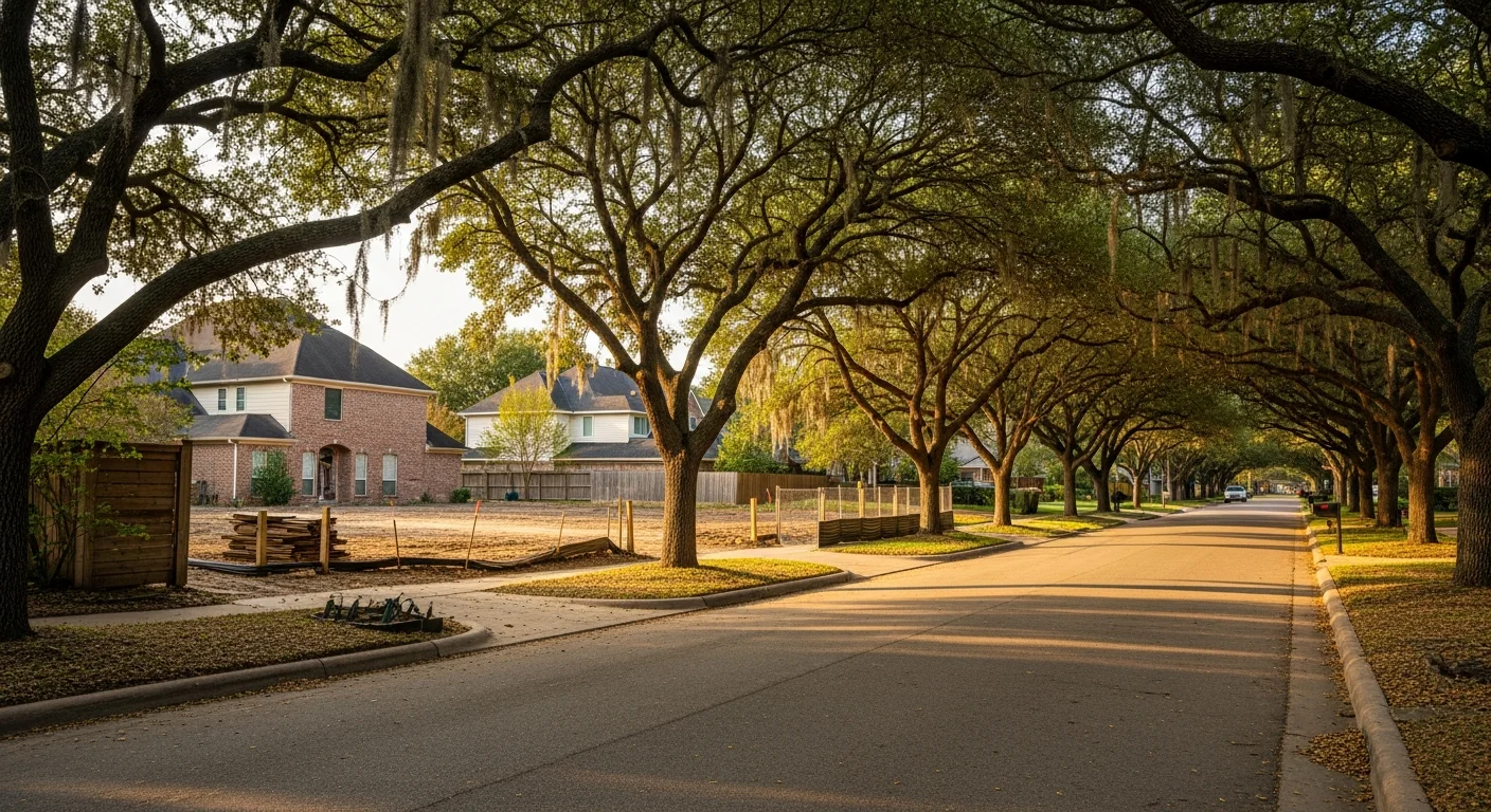 Wide view of a Houston residential street with mature trees and mixed architectural styles, showing typical neighborhood character.