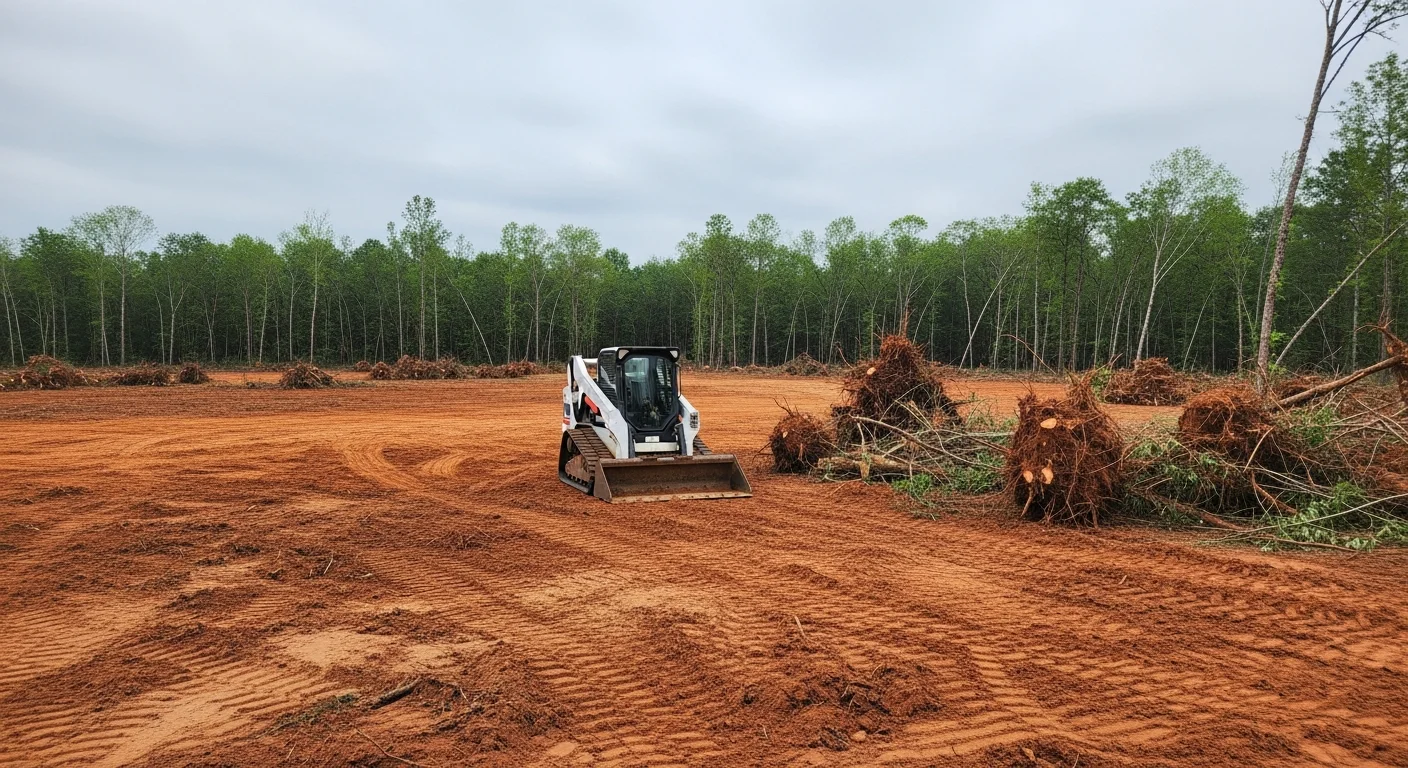A large Houston-area commercial acreage site after professional land clearing, showing open flat ground with stumps and dense brush fully removed. Heavy equipment tracks are visible across clay soil, with cleared tree lines at the property boundary.