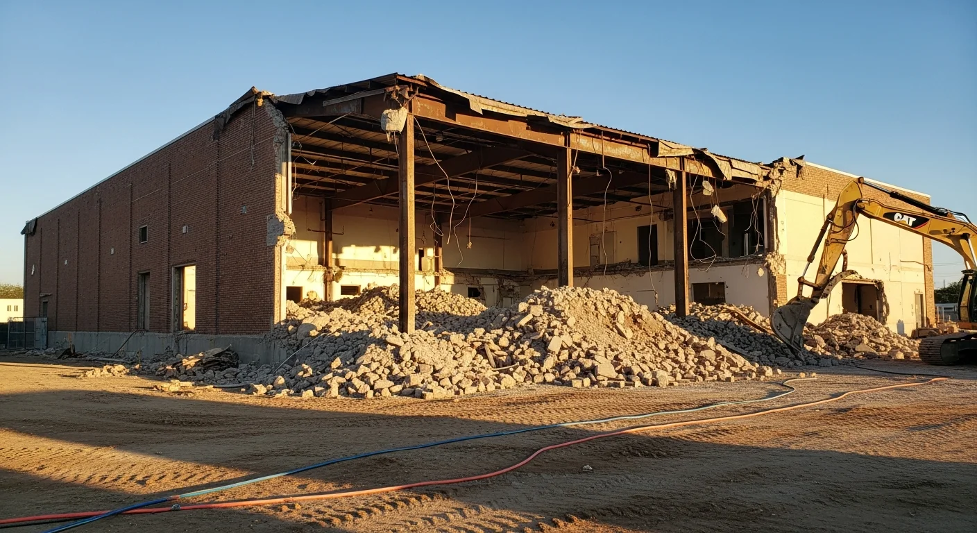 A commercial building in Houston being demolished by heavy excavation equipment, with structural walls partially removed and debris staged on a cleared industrial site. Ground Up crew and machinery visible during an active building teardown in the Houston area.