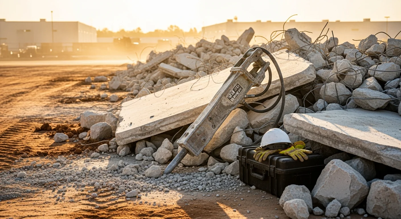 A commercial concrete slab being broken apart by heavy excavation equipment on an industrial job site in Houston, Texas. Broken concrete chunks are staged for removal with a cleared ground surface visible in the background.