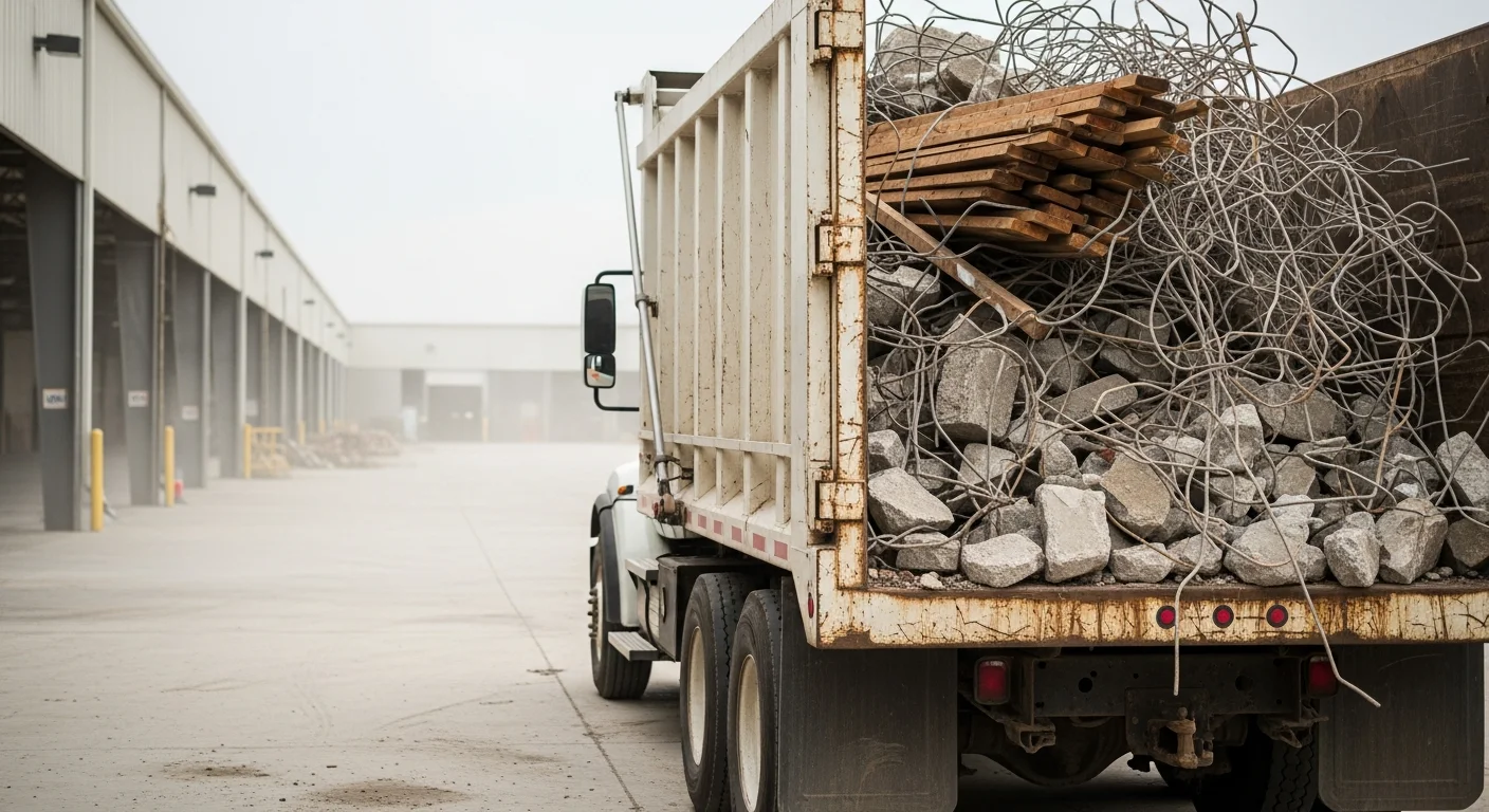 A cleared Houston commercial demolition site with a loaded haul-off truck staged near a stripped concrete slab and stacked construction debris. Ground Up crew members in high-visibility vests prepare mixed C&D waste for transport.