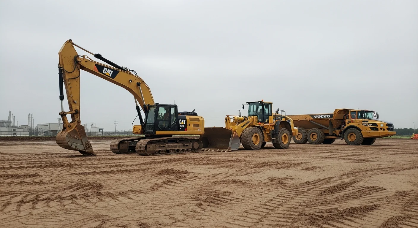 Heavy construction equipment staged and organized across a commercial job site in Houston, Texas. Excavators and support machines are positioned along a cleared access lane on a large ground-up industrial build.