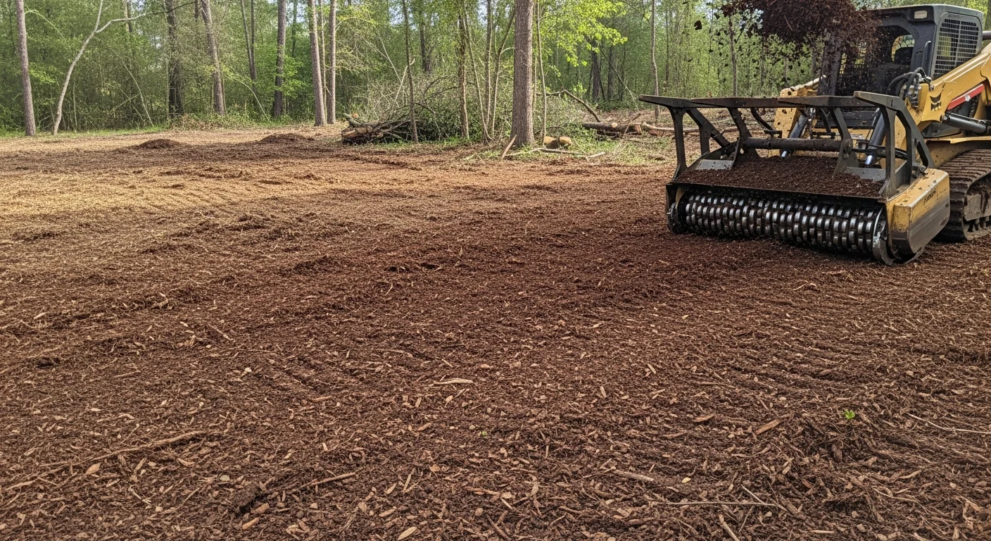 A forestry mulching machine clearing dense brush and trees on a large undeveloped commercial tract in Houston, Texas. The cleared ground shows a layer of fresh wood mulch with open land visible behind the machine.