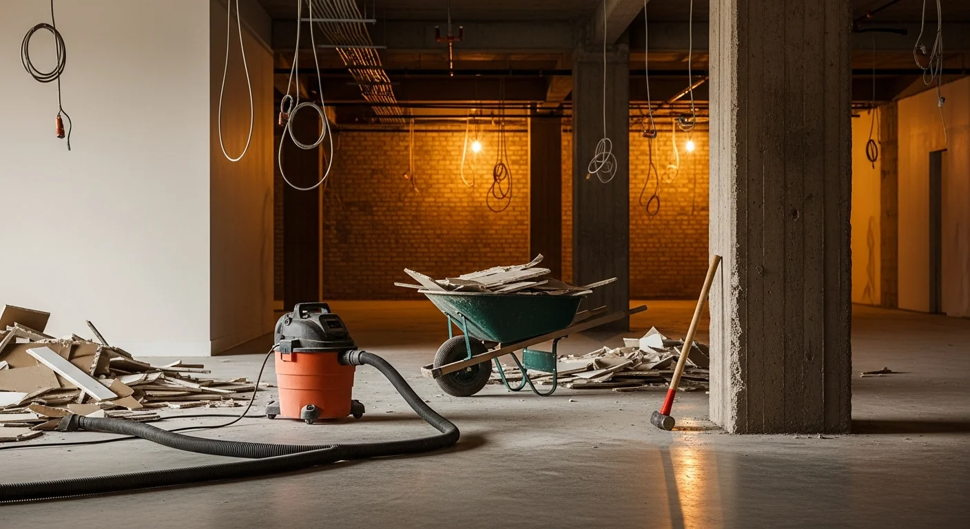A Houston commercial building interior mid-demolition, with walls and ceiling materials removed down to the structural frame. Debris is staged for removal and the concrete floor slab is exposed, ready for the next construction phase.