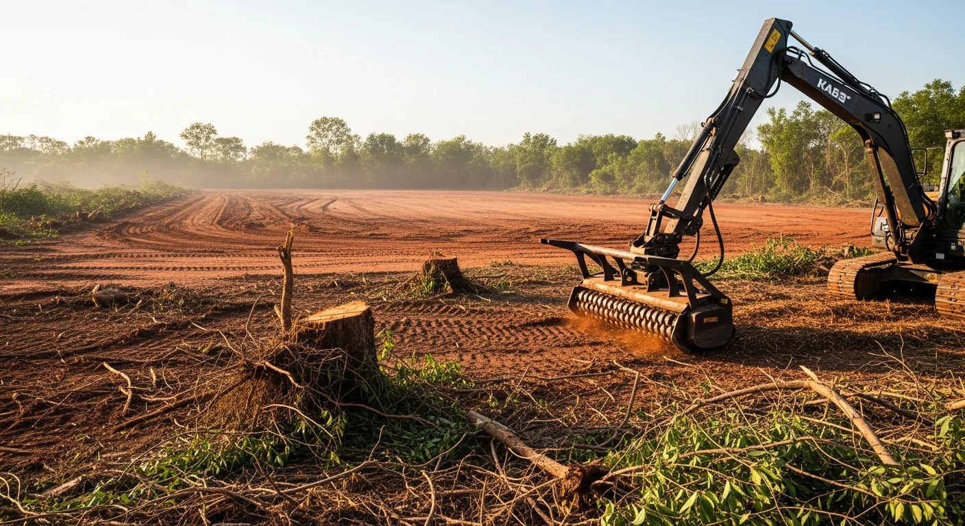 A Houston commercial land clearing site after invasive vegetation removal, showing open ground with stumps and root debris cleared by heavy forestry equipment. Dense Chinese Tallow and underbrush have been removed, leaving bare soil ready for grading and construction.