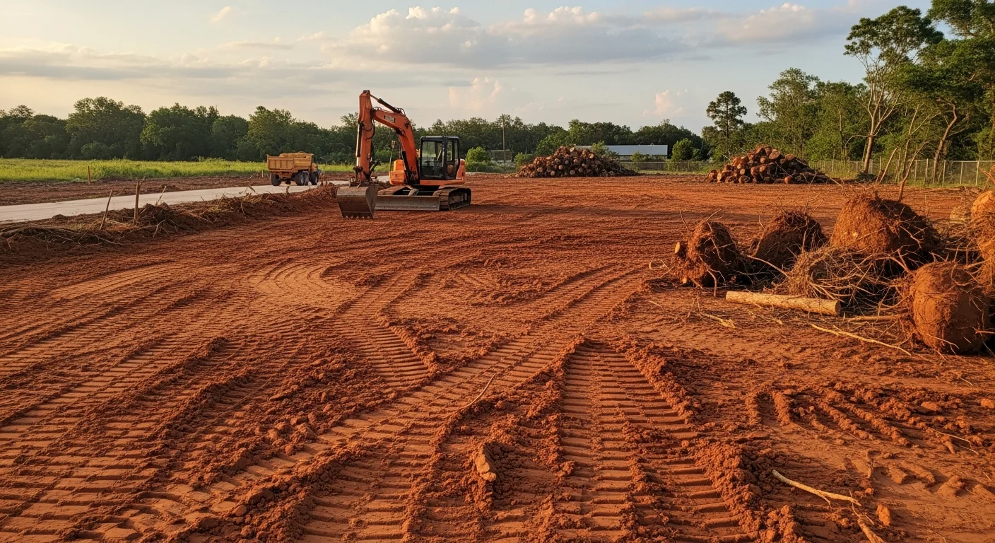 A Houston commercial construction site after land clearing, showing flat open ground with trees and brush removed and heavy equipment staged at the edge of the cleared area. The site is graded and ready for foundation work on an industrial development project.