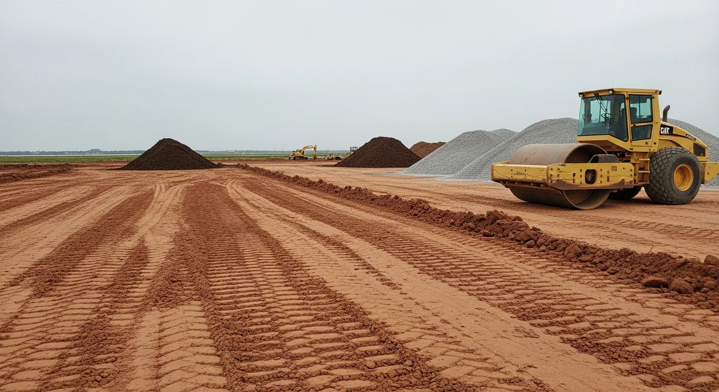 A freshly graded and compacted industrial laydown yard in Houston, Texas, with a stabilized aggregate surface and visible drainage slope. Heavy equipment tracks show load-bearing capacity across the prepared site.