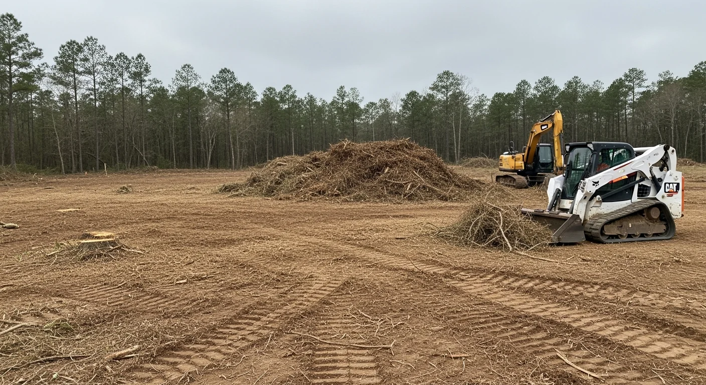 A cleared commercial lot in Houston, Texas with all trees, brush, and stumps removed, showing level bare ground ready for industrial site preparation. Heavy equipment tracks are visible across the graded clay soil surface.