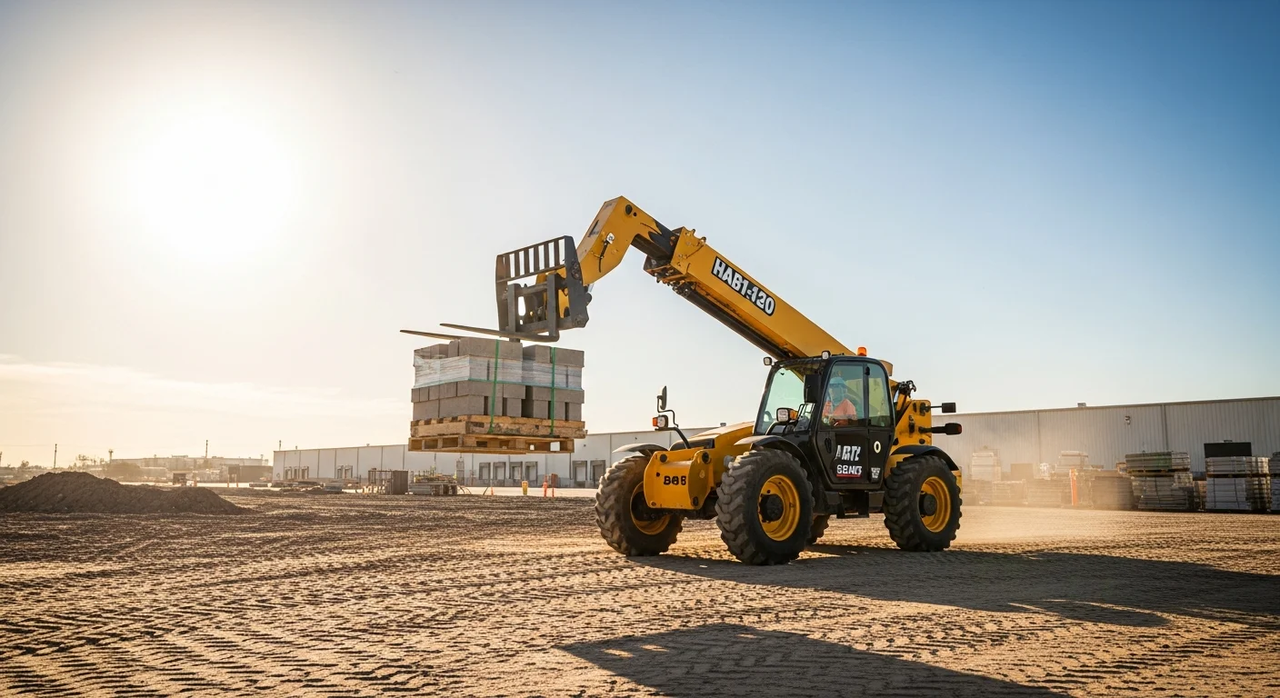 A telehandler moving pallets of construction materials on an active commercial job site in Houston, Texas. The machine operates on a graded dirt surface with a partially framed industrial structure visible in the background.