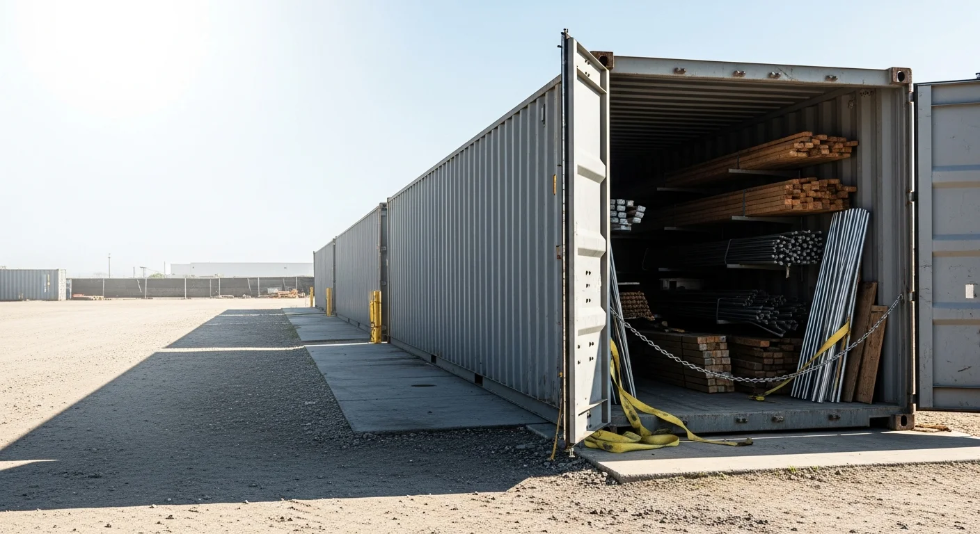 A heavy-duty storage unit positioned on an active commercial construction site in Houston, with staged building materials secured inside and industrial equipment visible in the background. The unit sits on a graded staging area typical of large-scale ground-up commercial builds in the Houston area.