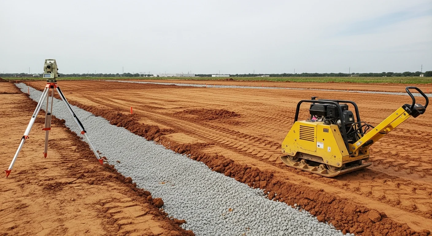 A freshly graded and compacted commercial pad site in Houston, Texas, with level subgrade and drainage slopes visible across a cleared industrial lot. Heavy equipment sits at the edge of the prepared building pad, ready for foundation work to begin.