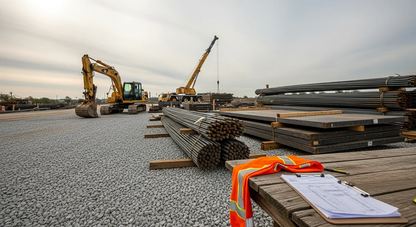 Heavy equipment staged on an active commercial construction site in Houston, Texas, with ground crews coordinating material handling and site logistics. Industrial-scale project support operation with excavators and support vehicles positioned across a large job site.