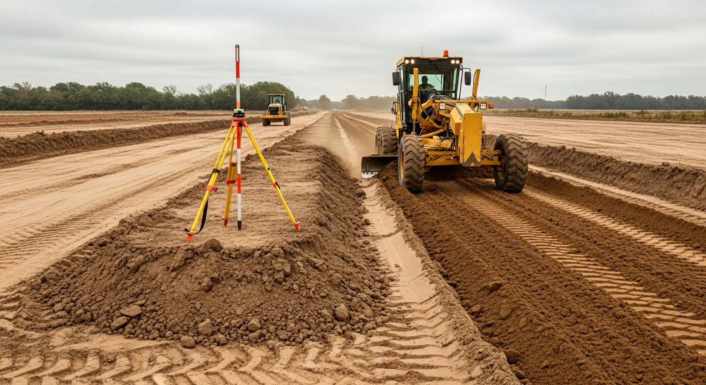 A commercial road construction site in Houston showing freshly graded and compacted subgrade with drainage channels cut along the road corridor. Heavy equipment is visible on a cleared, level site ready for base course installation.