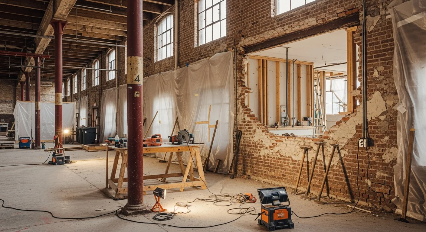 Interior of a Houston commercial building mid-selective demolition, with targeted walls removed and surrounding structure left intact. Debris is staged for removal while adjacent finishes and mechanical systems remain protected.