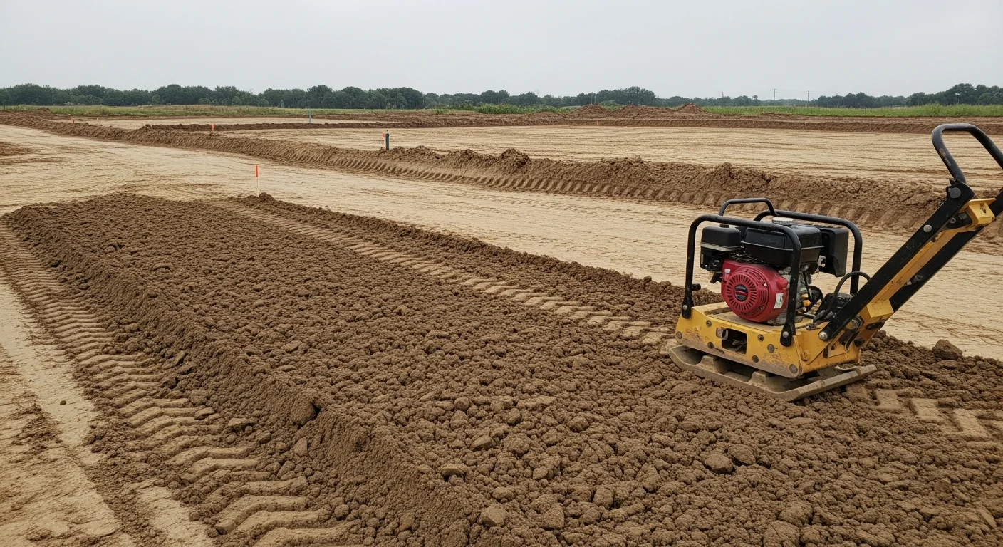 A commercial construction site in Houston being graded by heavy equipment, with freshly compacted soil layers and positive drainage slopes established across a large industrial pad.