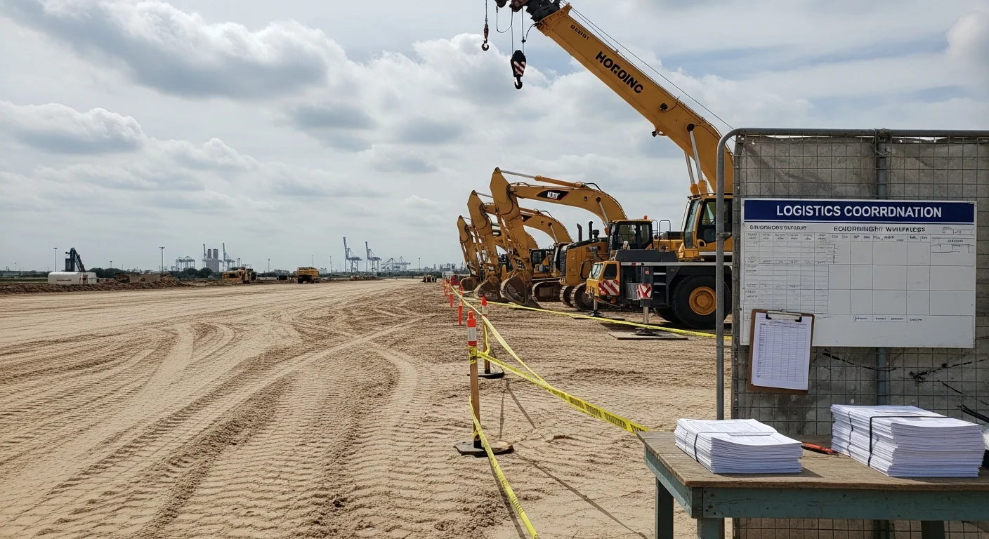 A Houston commercial construction site with heavy equipment staged in designated zones along an industrial corridor. A site logistics coordinator reviews access routes and equipment placement with a project manager on a ground-up build.