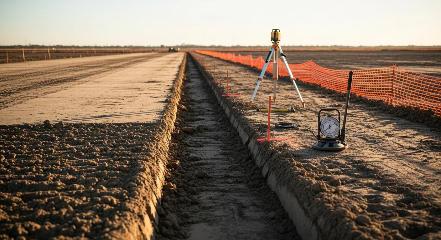 Heavy equipment grading a cleared commercial construction site in Houston, Texas, with flat terrain and exposed clay soil visible across a large industrial building pad. Ground Up site preparation crew establishing drainage slopes on a raw Houston commercial lot ahead of foundation work.